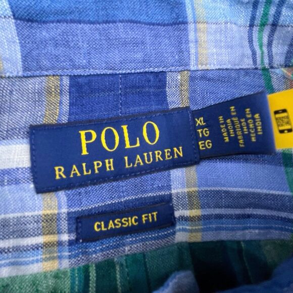 Polo Ralph Lauren Linen Shirt XL Blue Green Plaid Classic Preppy Beach Preppy - Picture 4 of 11